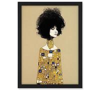 Wee Blue Coo Klimt Style Retro Boho Afro Hair Abstract Gold Dress Artwork Framed A3 Wall Art Print