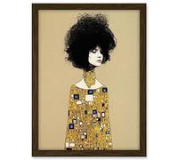 Wee Blue Coo Klimt Style Retro Boho Afro Hair Abstract Gold Dress Artwork Framed A3 Wall Art Print