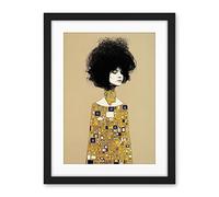 Wee Blue Coo Klimt Style Retro Boho Afro Hair Abstract Gold Dress Artwork Framed Wall Art Print 18X24 Inch