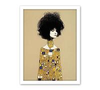 Wee Blue Coo Klimt Style Retro Boho Afro Hair Abstract Gold Dress Artwork Framed Wall Art Print 18X24 Inch