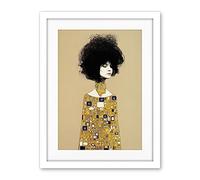 Wee Blue Coo Klimt Style Retro Boho Afro Hair Abstract Gold Dress Artwork Framed Wall Art Print 18X24 Inch