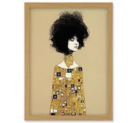 Klimt Style Retro Boho Afro Hair Abstract Gold Dress Artwork Framed Wall Art Print A4 Artery8 Light Oak One Size