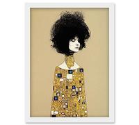 Wee Blue Coo Klimt Style Retro Boho Afro Hair Abstract Gold Dress Artwork Framed Wall Art Print A4