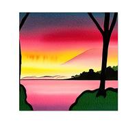 Wee Blue Coo Lakeside Sunset Lake Landscape Black Ink And Watercolour Illustration Premium Wall Art Canvas Print 24X24 Inch