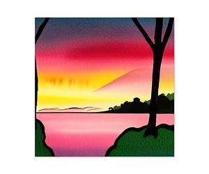Wee Blue Coo Lakeside Sunset Lake Landscape Black Ink And Watercolour Illustration Premium Wall Art Canvas Print 24X24 Inch