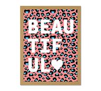 Wee Blue Coo Leopard Coral And Blue Beautiful Words Large Light Oak Framed Art Print Wall Poster 18x24 inch