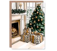 Wee Blue Coo Leopard Print Wrapped Presents Fireplace Tree Xmas Christmas Card in Green Wee Blue Coo Green
