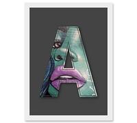 Wee Blue Coo Letter A Womans Face Green Purple NYC Decorative Graffiti Mural Alphabet Initial Stencil Artwork Framed Wall Art Print A4