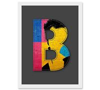 Wee Blue Coo Letter B Bright Abstract Face Yellow Decorative Graffiti Mural Alphabet Initial Stencil Artwork Framed Wall Art Print A4