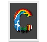 Letter C Rainbow Red Yellow Blue Green Decorative Graffiti Mural Alphabet Initial Stencil Artwork Framed Wall Art Print A4 Artery8 White One Size