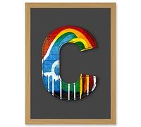 Letter C Rainbow Red Yellow Blue Green Decorative Graffiti Mural Alphabet Initial Stencil Artwork Framed Wall Art Print A4 Artery8 Light Oak One Size