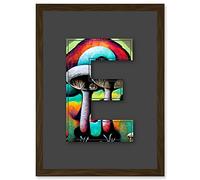 Wee Blue Coo Letter E Multicoloured Trippy Mushrooms Decorative Graffiti Mural Alphabet Initial Stencil Artwork Framed Wall Art Print A4