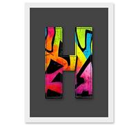 Wee Blue Coo Letter H Neon Tagging Decorative Graffiti Mural Alphabet Initial Stencil Artwork Framed Wall Art Print A4
