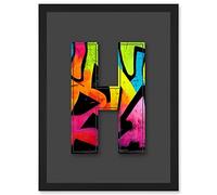 Wee Blue Coo Letter H Neon Tagging Decorative Graffiti Mural Alphabet Initial Stencil Artwork Framed Wall Art Print A4