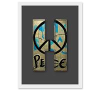 Wee Blue Coo Letter H Peace Sign Beige Black Decorative Graffiti Mural Alphabet Initial Stencil Artwork Framed Wall Art Print A4