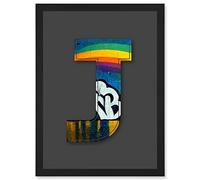 Wee Blue Coo Letter J Pride Rainbow Decorative Graffiti Mural Alphabet Initial Stencil Artwork Framed Wall Art Print A4