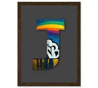 Wee Blue Coo Letter J Pride Rainbow Decorative Graffiti Mural Alphabet Initial Stencil Artwork Framed Wall Art Print A4