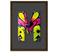 Letter M Neon Yellow Flower Decorative Graffiti Mural Alphabet Initial Stencil Artwork Framed Wall Art Print A4 Artery8 Brown One Size