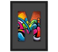 Wee Blue Coo Letter M Tagging Orange Blue Pink Decorative Graffiti Mural Alphabet Initial Stencil Artwork Framed Wall Art Print A4