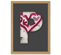 Wee Blue Coo Letter P Heart Cream Decorative Graffiti Mural Alphabet Initial Stencil Artwork Framed Wall Art Print A4