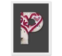 Wee Blue Coo Letter P Heart Cream Decorative Graffiti Mural Alphabet Initial Stencil Artwork Framed Wall Art Print A4
