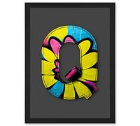 Wee Blue Coo Letter Q Yellow Flower Decorative Graffiti Mural Alphabet Initial Stencil Artwork Framed Wall Art Print A4