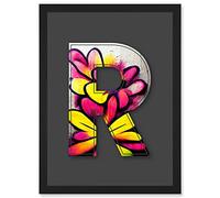 Artery8 Letter R Yellow Pink Flower Decorative Graffiti Mural Alphabet Initial Stencil Artwork Framed Wall Art Print A4 in Black Artery8 Black