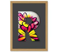 Wee Blue Coo Letter R Yellow Pink Flower Decorative Graffiti Mural Alphabet Initial Stencil Artwork Framed Wall Art Print A4
