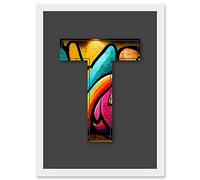Wee Blue Coo Letter T Tagging Bright Multicoloured Decorative Graffiti Mural Alphabet Initial Stencil Artwork Framed Wall Art Print A4