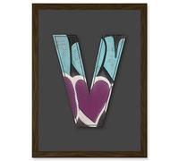 Wee Blue Coo Letter V Love Metal Effect NYC Decorative Graffiti Mural Alphabet Initial Stencil Artwork Framed Wall Art Print A4