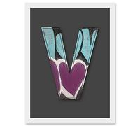 Wee Blue Coo Letter V Love Metal Effect NYC Decorative Graffiti Mural Alphabet Initial Stencil Artwork Framed Wall Art Print A4