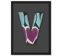 Wee Blue Coo Letter V Love Metal Effect NYC Decorative Graffiti Mural Alphabet Initial Stencil Artwork Framed Wall Art Print A4