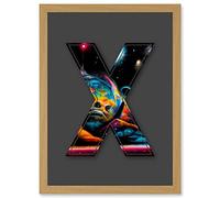 Wee Blue Coo Letter X Space Cosmos Colourful Decorative Graffiti Mural Alphabet Initial Stencil Artwork Framed Wall Art Print A4