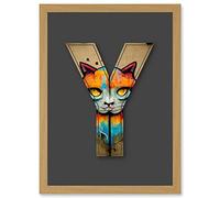 Wee Blue Coo Letter Y Cat Face Multicoloured Decorative Graffiti Mural Alphabet Initial Stencil Artwork Framed Wall Art Print A4
