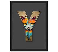 Wee Blue Coo Letter Y Cat Face Multicoloured Decorative Graffiti Mural Alphabet Initial Stencil Artwork Framed Wall Art Print A4