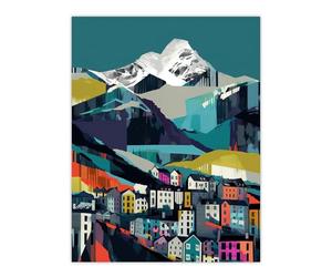 Wee Blue Coo Life Beneath the Summit Colourful Artwork Townscape by Alpine Mountains Landscape Extra Large XL Wall Art Poster Print