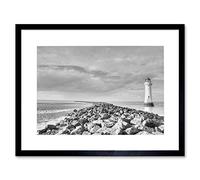 Wee Blue Coo LIGHTHOUSE BLACK AND WHITE JETTTY WHARF SEASCAPE FRAMED ART PRINT MOUNT B12X8762