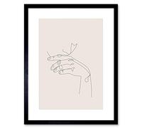 Wee Blue Coo Line Drawing Hand Thinking Minimalist Artwork Framed Wall Art Print 9X7 Inch