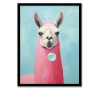 Wee Blue Coo Llama Bubbles Oil Painting Pastel Colour Pink Blue Quirky Animal Portrait Artwork Framed Wall Art Print 18X24 Inch