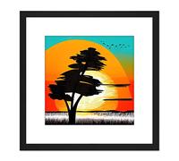 Wee Blue Coo Lone Black Tree Countryside Bright Colourful Sunrise Linocut Illustration Square Wooden Framed Wall Art Print Picture 9X9 Inch