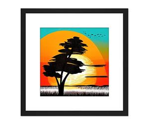 Wee Blue Coo Lone Black Tree Countryside Bright Colourful Sunrise Linocut Illustration Square Wooden Framed Wall Art Print Picture 9X9 Inch