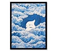 Wee Blue Coo Lost At Sea Waves Of Sleep Blue and White Surreal Painting Artwork Framed Wall Art Print A4