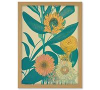 Wee Blue Coo Marigold Daisy Flowers Turquoise Leaves Bright Colourful Abstract Artwork Framed A3 Wall Art Print