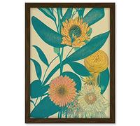 Wee Blue Coo Marigold Daisy Flowers Turquoise Leaves Bright Colourful Abstract Artwork Framed A3 Wall Art Print