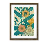 Wee Blue Coo Marigold Daisy Flowers Turquoise Leaves Bright Colourful Abstract Artwork Framed Wall Art Print 18X24 Inch