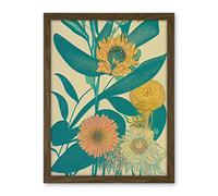 Wee Blue Coo Marigold Daisy Flowers Turquoise Leaves Bright Colourful Abstract Artwork Framed Wall Art Print 18X24 Inch