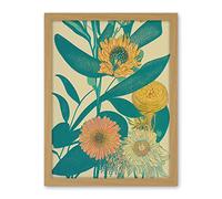 Wee Blue Coo Marigold Daisy Flowers Turquoise Leaves Bright Colourful Abstract Artwork Framed Wall Art Print 18X24 Inch