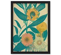 Wee Blue Coo Marigold Daisy Flowers Turquoise Leaves Bright Colourful Abstract Artwork Framed Wall Art Print A4