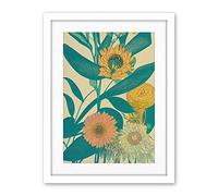 Wee Blue Coo Marigold Daisy Flowers Turquoise Leaves Bright Colourful Abstract Artwork Framed Wall Art Print 18X24 Inch