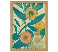 Wee Blue Coo Marigold Daisy Flowers Turquoise Leaves Bright Colourful Abstract Artwork Framed Wall Art Print A4